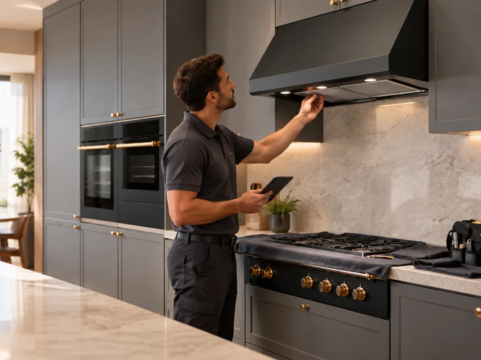 Cena ilustrativa: Técnico fazendo o diagnóstico de uma coifa Elica de parede instalada na cozinha