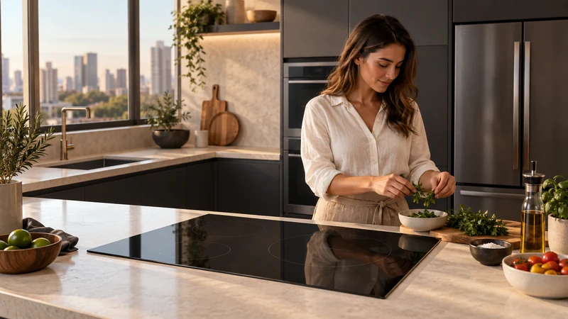 Cena ilustrativa: Cooktop de indução Tecno embutido na bancada de uma cozinha de alto padrão