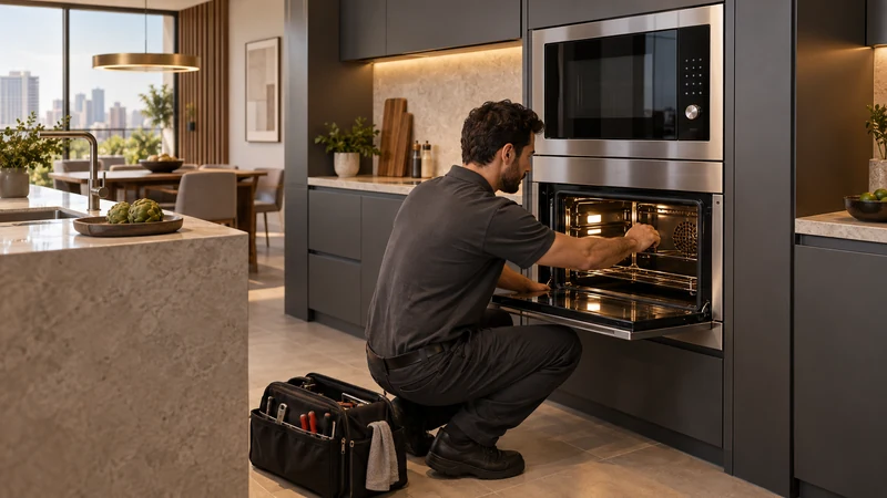 Cena ilustrativa: Forno combinado com micro-ondas Tecno embutido na marcenaria da cozinha