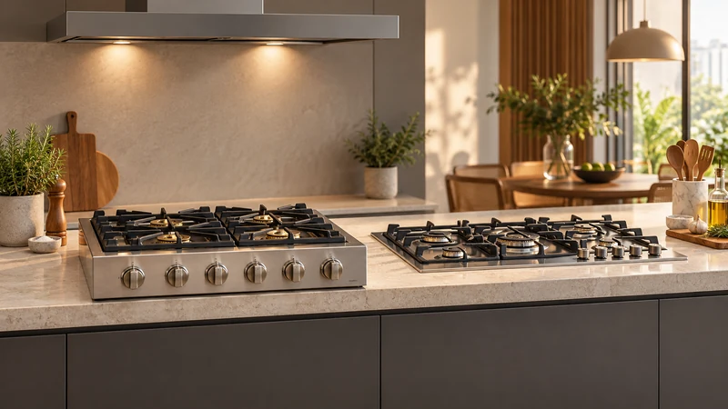Cena ilustrativa: Rangetop e cooktop a gás instalados em bancada de cozinha
