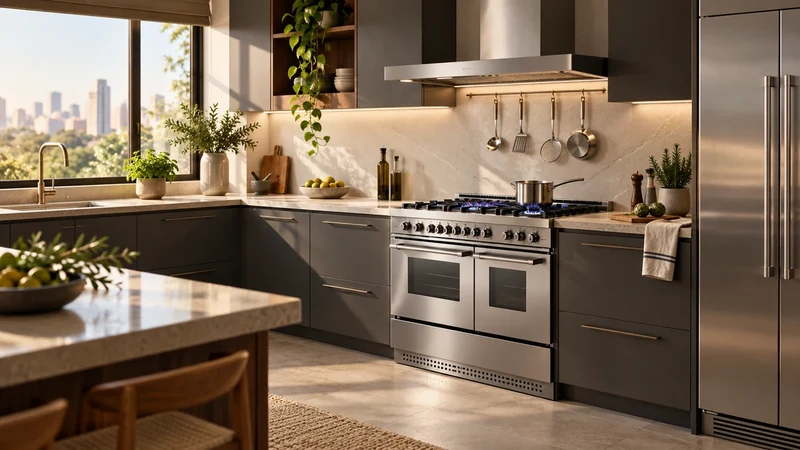 Cena ilustrativa: Queimadores de um fogão Bertazzoni em cozinha de alto padrão