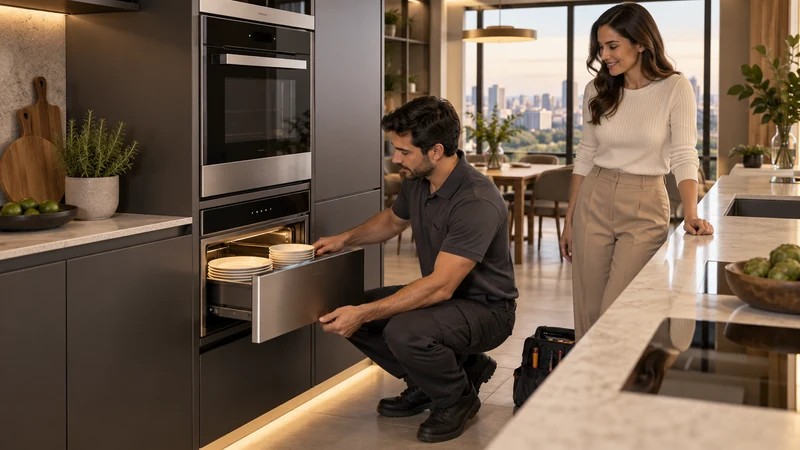 Cena ilustrativa: Gaveta aquecida de embutir aberta em torre de cozinha de alto padrão