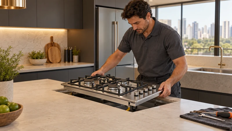Cena ilustrativa: Cooktop a gás sendo encaixado no recorte da bancada