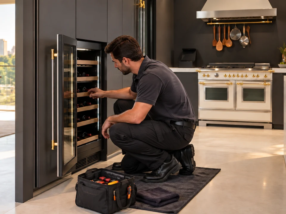 Cena ilustrativa: Técnico fazendo o diagnóstico de uma adega Bertazzoni embutida na marcenaria