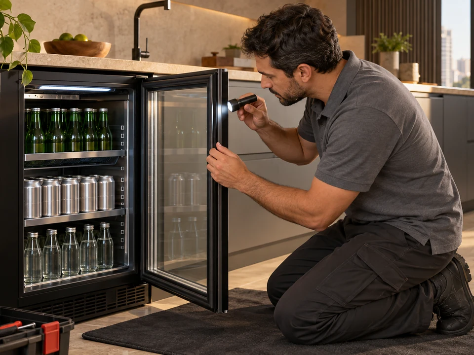 Cena ilustrativa: Técnico fazendo o diagnóstico de uma cervejeira Tecno instalada em área gourmet