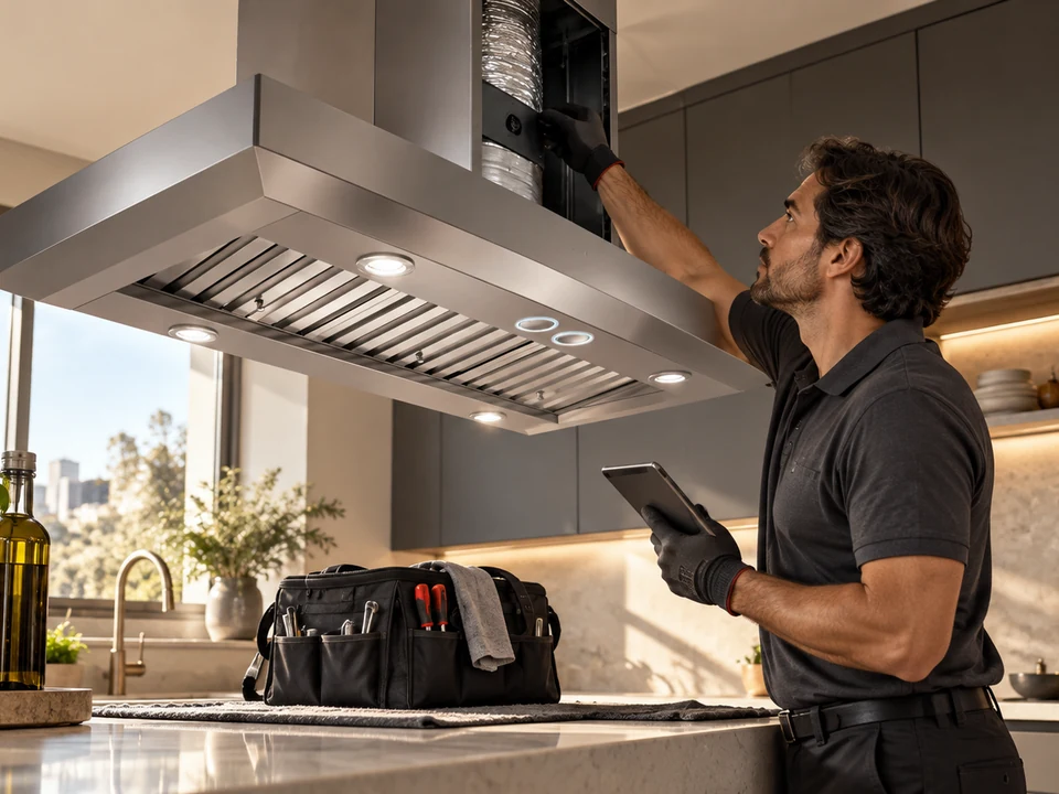 Cena ilustrativa: Técnico fazendo o diagnóstico de uma coifa Bertazzoni de parede, com acesso ao duto