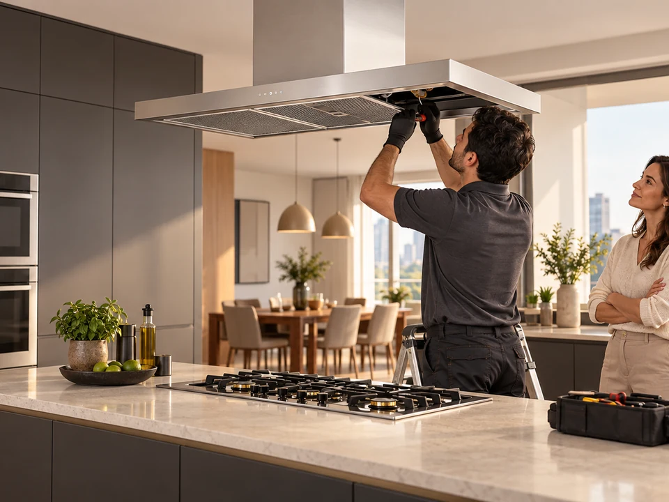 Cena ilustrativa: Técnico fazendo o diagnóstico de uma coifa Tecno instalada sobre a ilha da cozinha