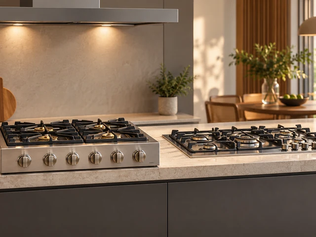 Cena ilustrativa: Cooktop e rangetop a gás lado a lado para comparação