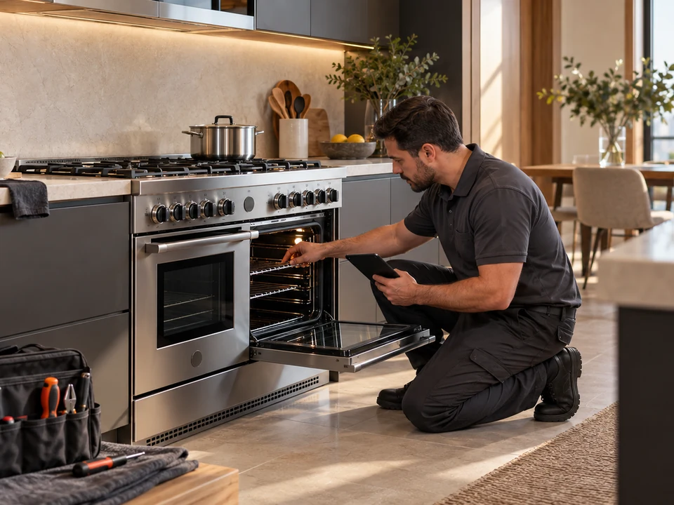 Cena ilustrativa: Técnico fazendo o diagnóstico do forno de um fogão Bertazzoni em domicílio