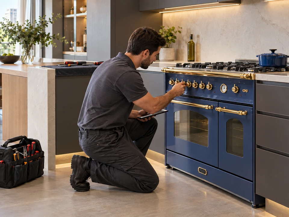 Cena ilustrativa: Técnico fazendo o diagnóstico de um fogão Lofra de piso em cozinha de alto padrão