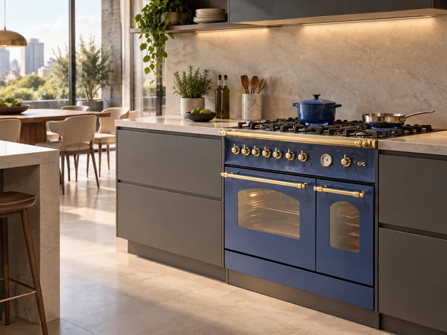 Cena ilustrativa: Fogão de piso Lofra da linha Dolcevita em cozinha de alto padrão