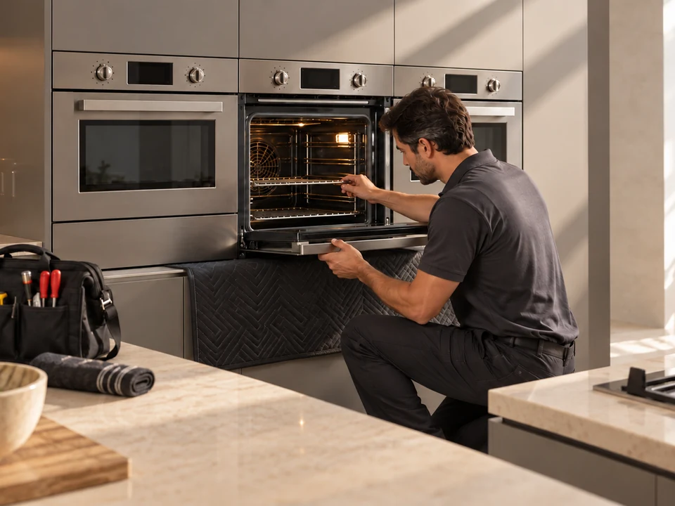 Cena ilustrativa: Técnico fazendo o diagnóstico de um forno Bertazzoni de embutir instalado na coluna da cozinha