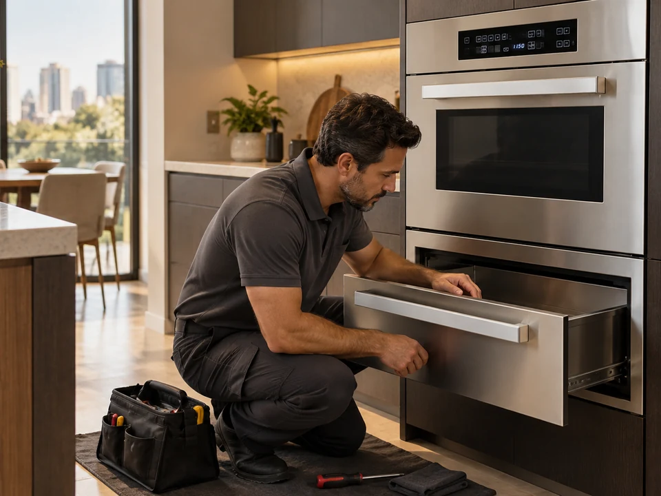 Cena ilustrativa: Técnico fazendo o diagnóstico de uma gaveta aquecida Bertazzoni na coluna de embutir