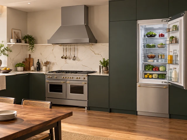 Cena ilustrativa: Geladeira Bertazzoni de embutir revestida em painel de marcenaria