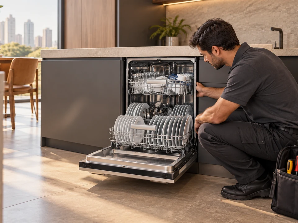 Cena ilustrativa: Técnico fazendo o diagnóstico de uma lava-louças Bertazzoni de embutir instalada no nicho da marcenaria