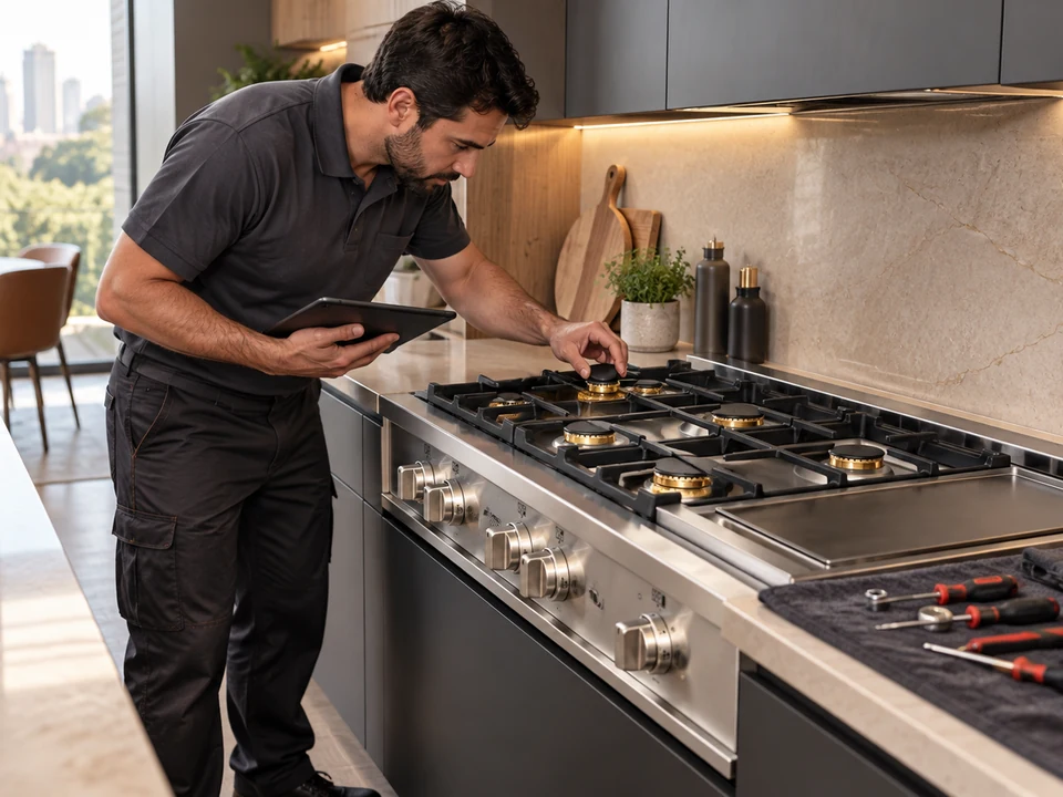 Cena ilustrativa: Técnico fazendo o diagnóstico de um rangetop Bertazzoni instalado na bancada de embutir