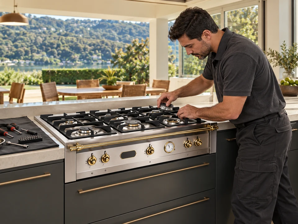 Cena ilustrativa: Técnico fazendo o diagnóstico de um rangetop Lofra instalado na bancada da cozinha
