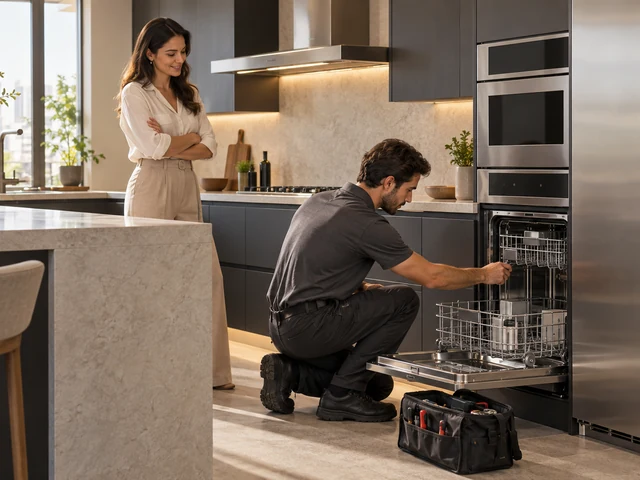 Cena ilustrativa: Técnico verificando uma lava-louças em cozinha planejada, acompanhado pela cliente